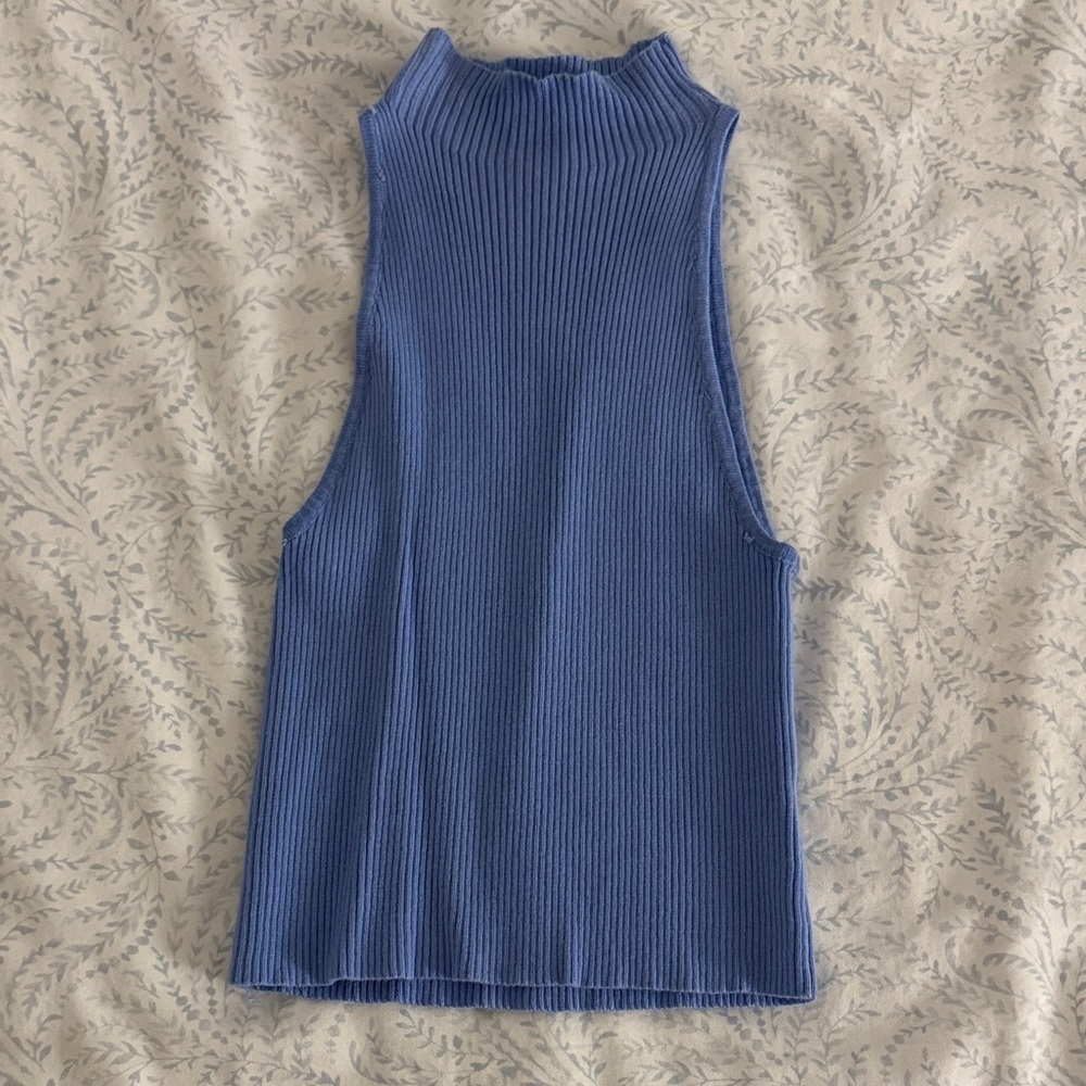 Chic Sleeveless Blue Ribbed Tank Top